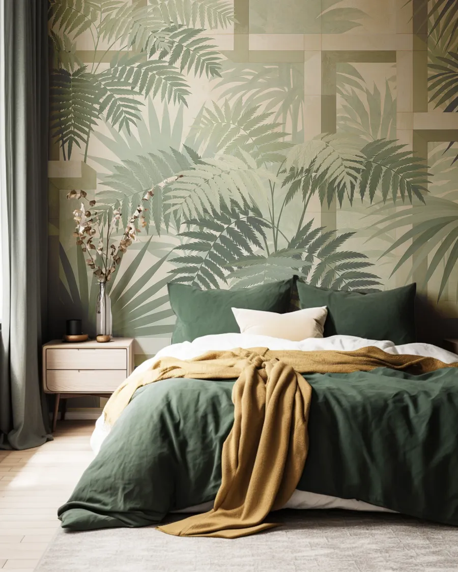 Wallpaper mural installed in a bedroom interior
